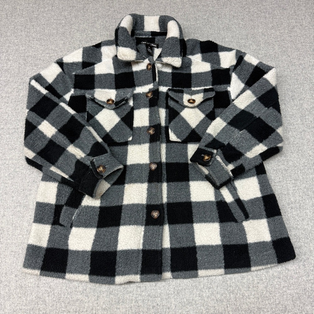 Coco and Shay Shacket 1X Black White Grey Buffalo Plaid Sherpa Fleece Jacket